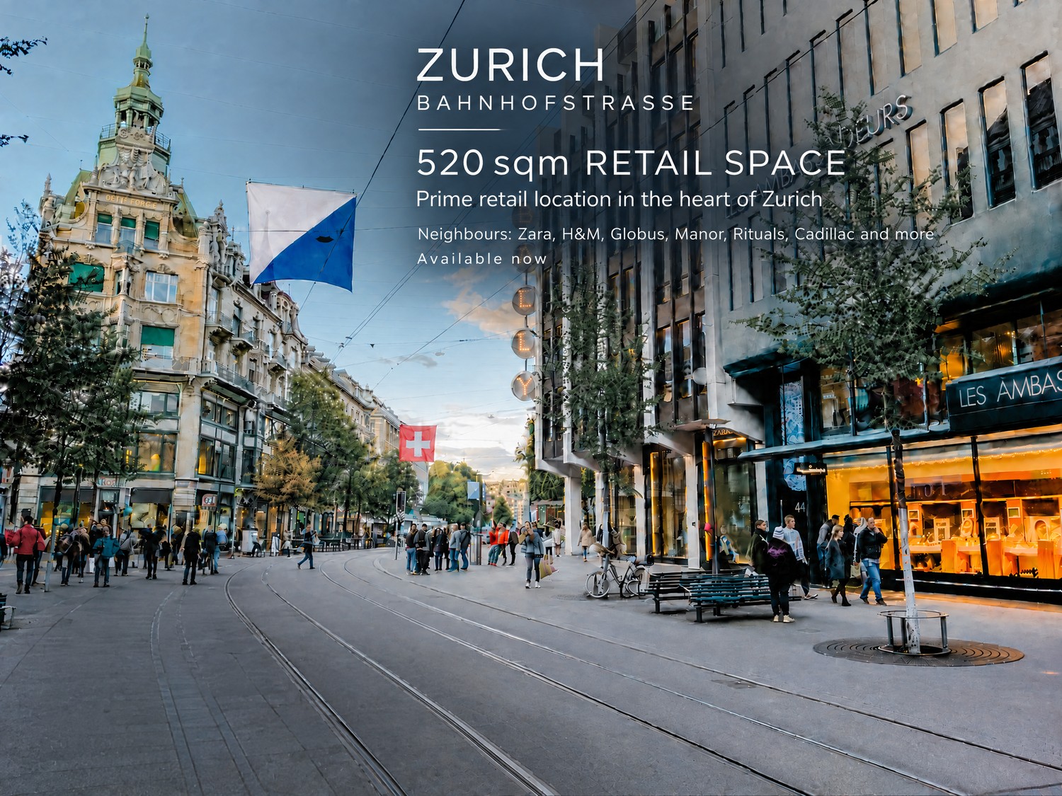 Magasin de 375-520m²

Les demandes ne sont acceptées qu'avec indication de votre concept (les demandes générales sans commentaire ne recevront pas de réponse).
Le magasin est situé dans un emplacement de premier choix sur la Bahnhofstrasse. Le loyer est d'environ CHF 2 millions par an. Pas de gastro
