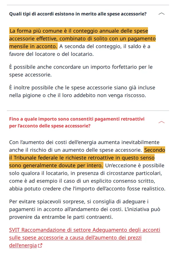 Pagina dell'Ufficio federale delle abitazioni con due domande sulle spese accessorie. Evidenziato: la forma più comune è il conteggio annuale con acconto; per il Tribunale federale i conguagli sono di regola dovuti per intero.