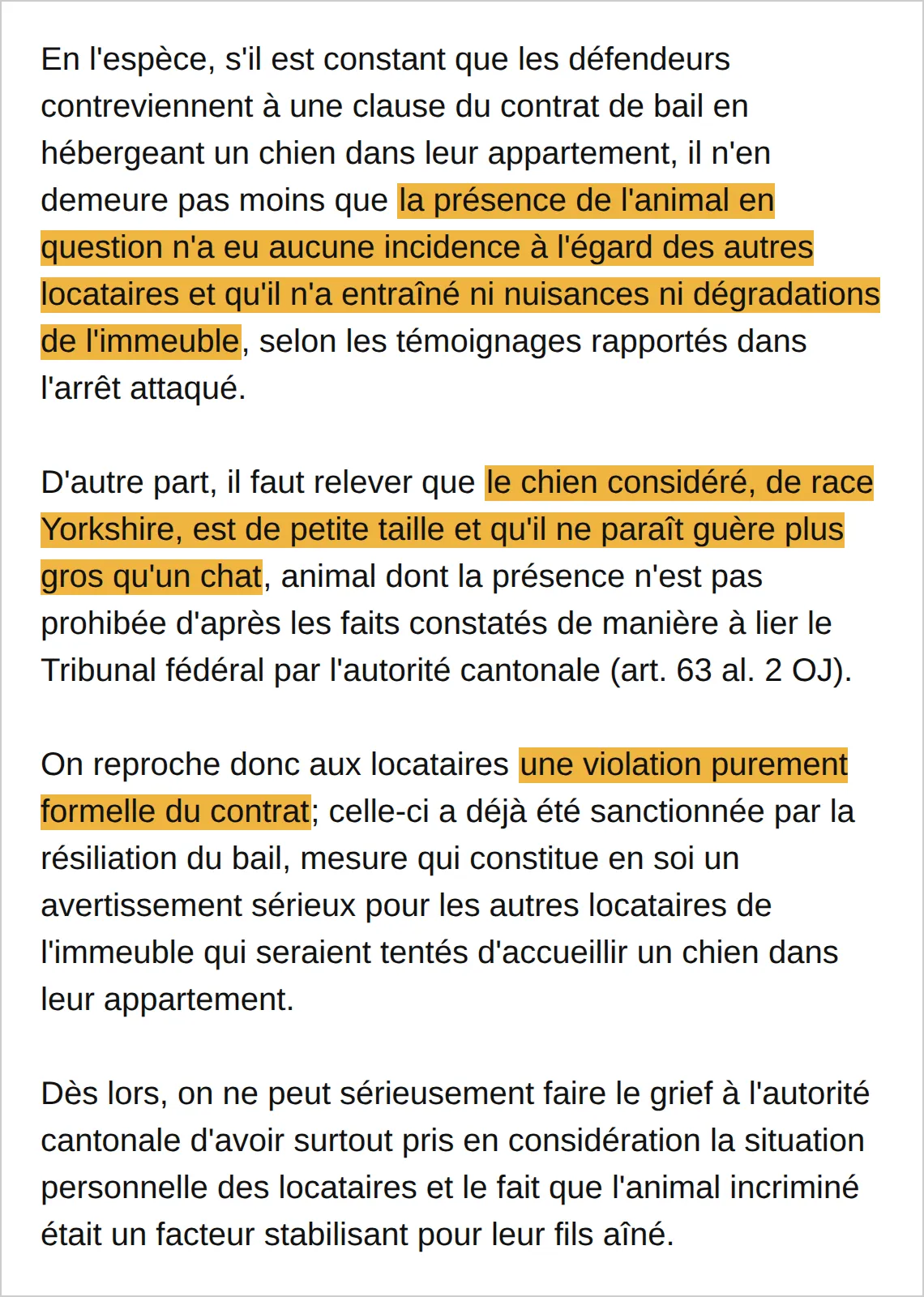 Passaggio in francese della sentenza del Tribunale federale 4C.226/2000 con tre frasi evidenziate: il cane non ha disturbato né danneggiato, lo Yorkshire è poco più grande di un gatto, la violazione del contratto è puramente formale.