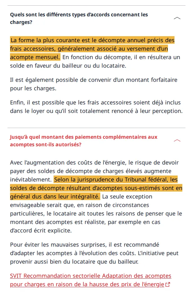 Page de l’Office fédéral du logement avec deux questions sur les frais accessoires. Surligné : la forme la plus courante est le décompte annuel avec acompte ; selon le Tribunal fédéral, les soldes sont en général dus en entier.