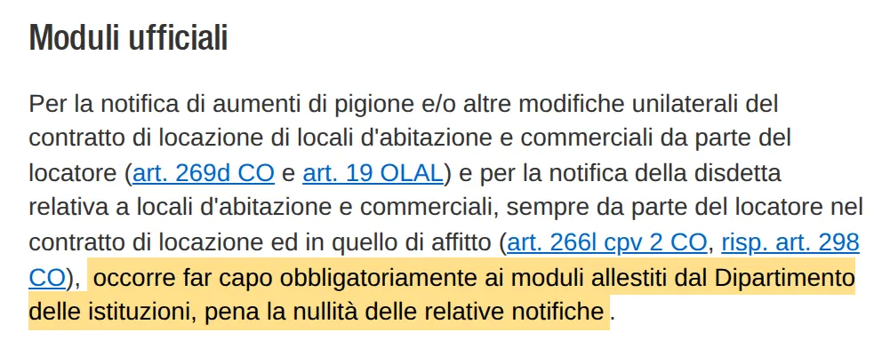 Estratto della pagina "La locazione" del Potere giudiziario ticinese: per notificare aumenti di pigione e disdette il locatore deve usare i moduli del Dipartimento delle istituzioni, pena la nullità.