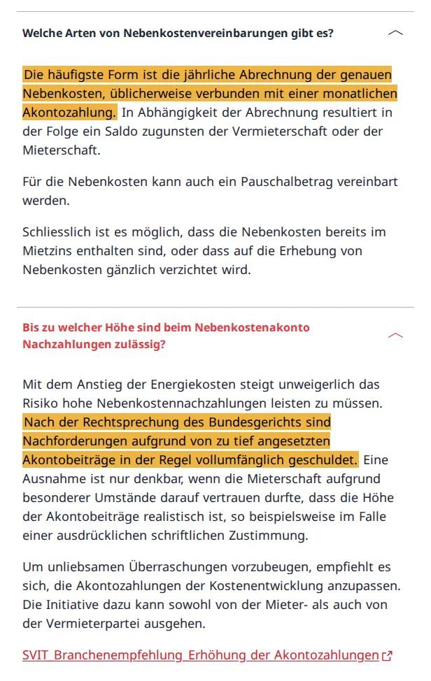 Seite des Bundesamts für Wohnungswesen mit zwei Fragen zu den Nebenkosten. Markiert: Die häufigste Form ist die jährliche Abrechnung mit Akonto; nach dem Bundesgericht sind Nachforderungen in der Regel vollumfänglich geschuldet.