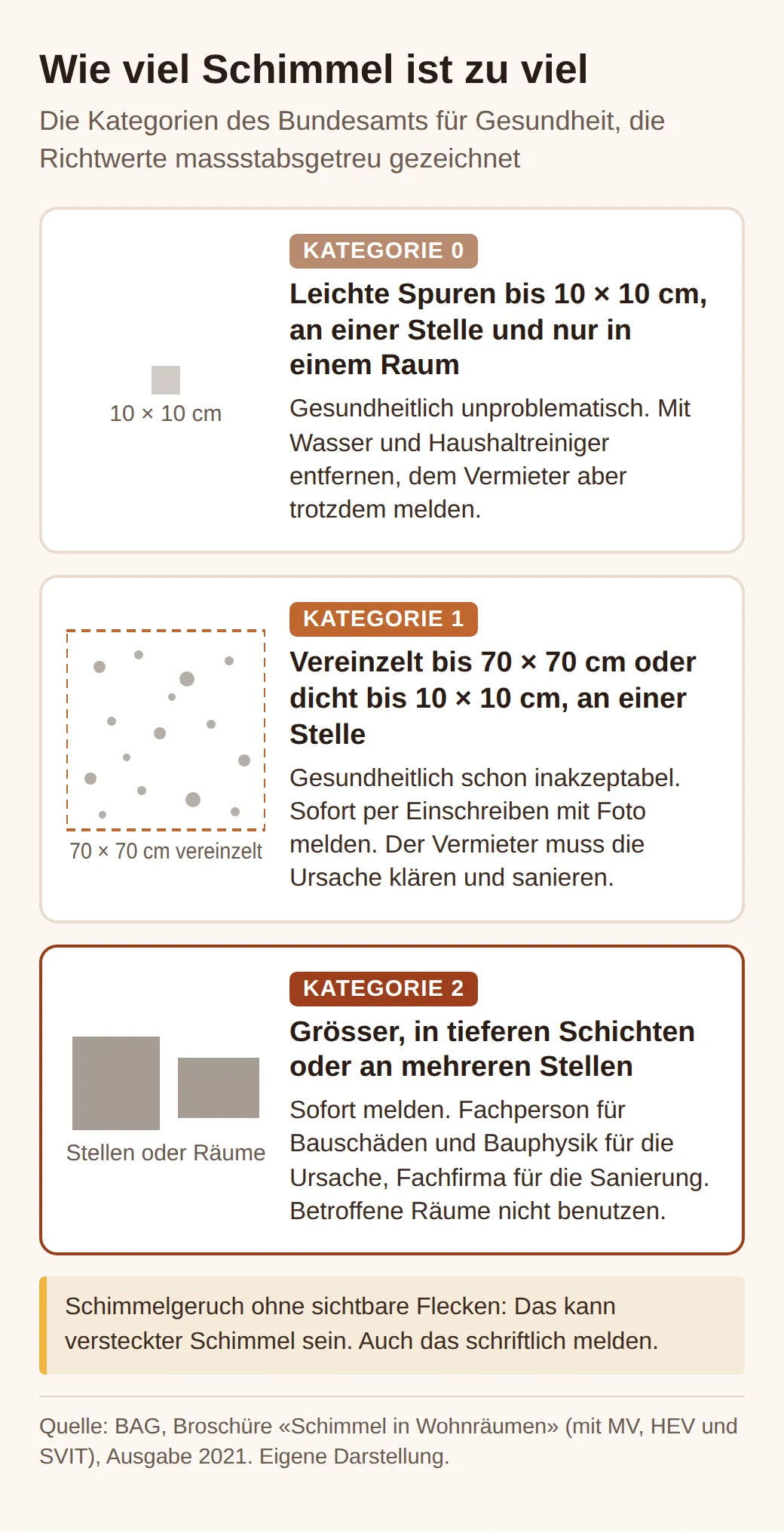 Schema der drei Schimmel-Kategorien des BAG: Kategorie 0, Spuren bis 10 mal 10 cm, selbst reinigen; Kategorie 1, vereinzelt bis 70 mal 70 cm oder dicht bis 10 mal 10 cm, melden; Kategorie 2, grösser, Fachperson nötig.